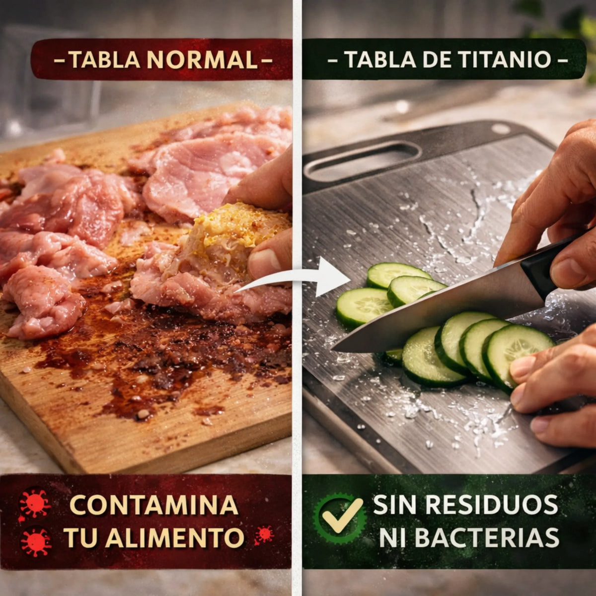 No contamines más tu comida sin darte cuenta, usa TitanSafe™ tabla de titanio.