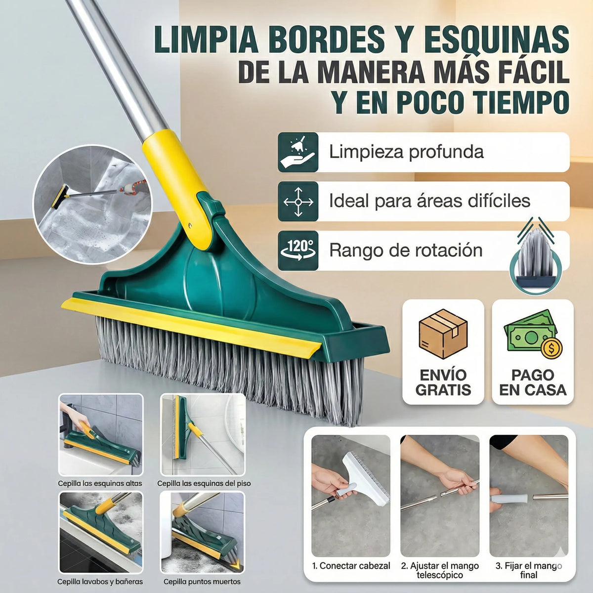 Limpieza profunda en rincones y juntas difíciles — Escoba Clean360™ 3 en 1.