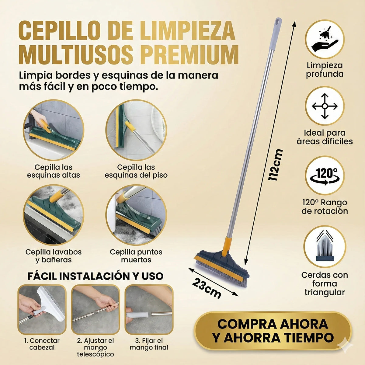 Limpieza profunda en rincones y juntas difíciles — Escoba Clean360™ 3 en 1.