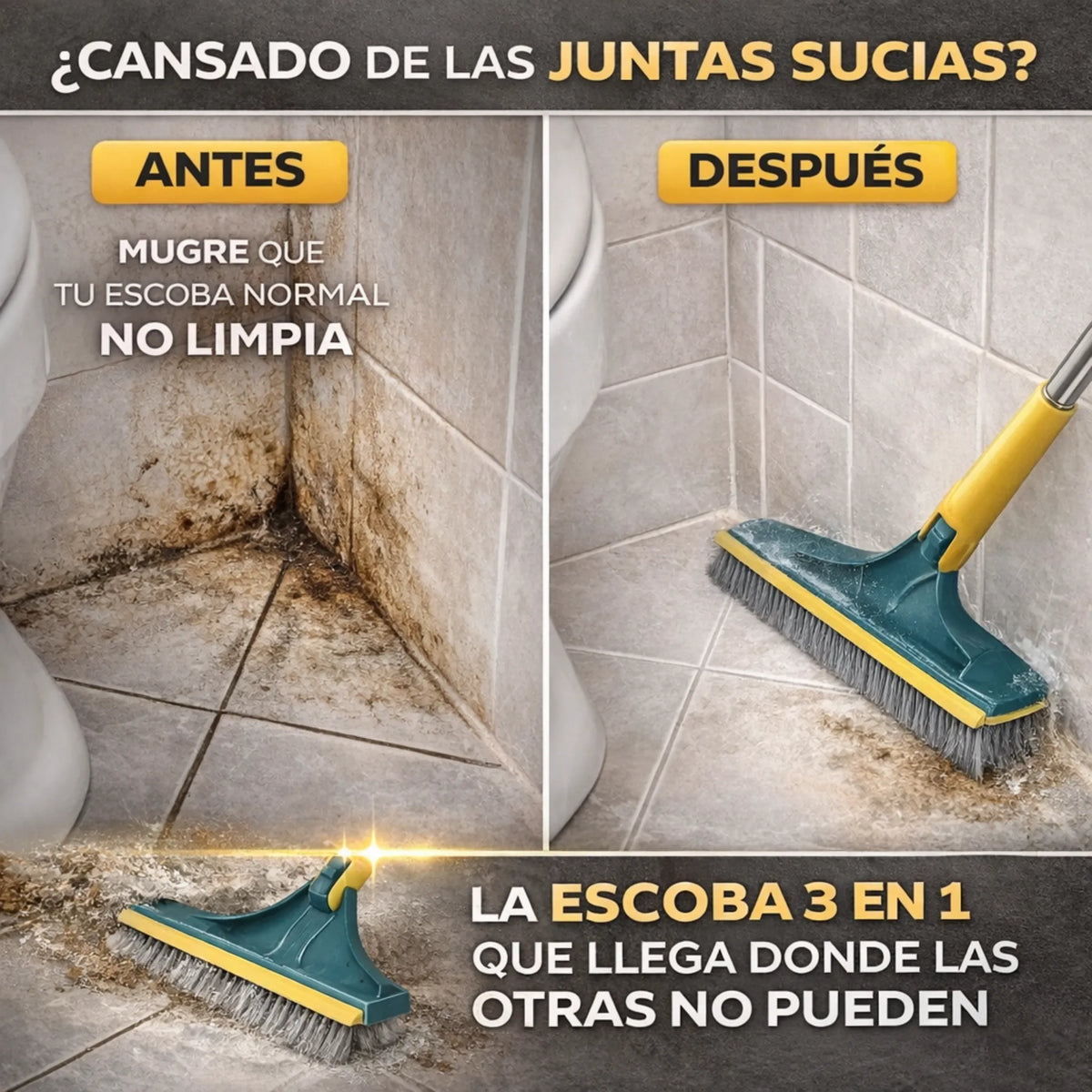 Limpieza profunda en rincones y juntas difíciles — Escoba Clean360™ 3 en 1.