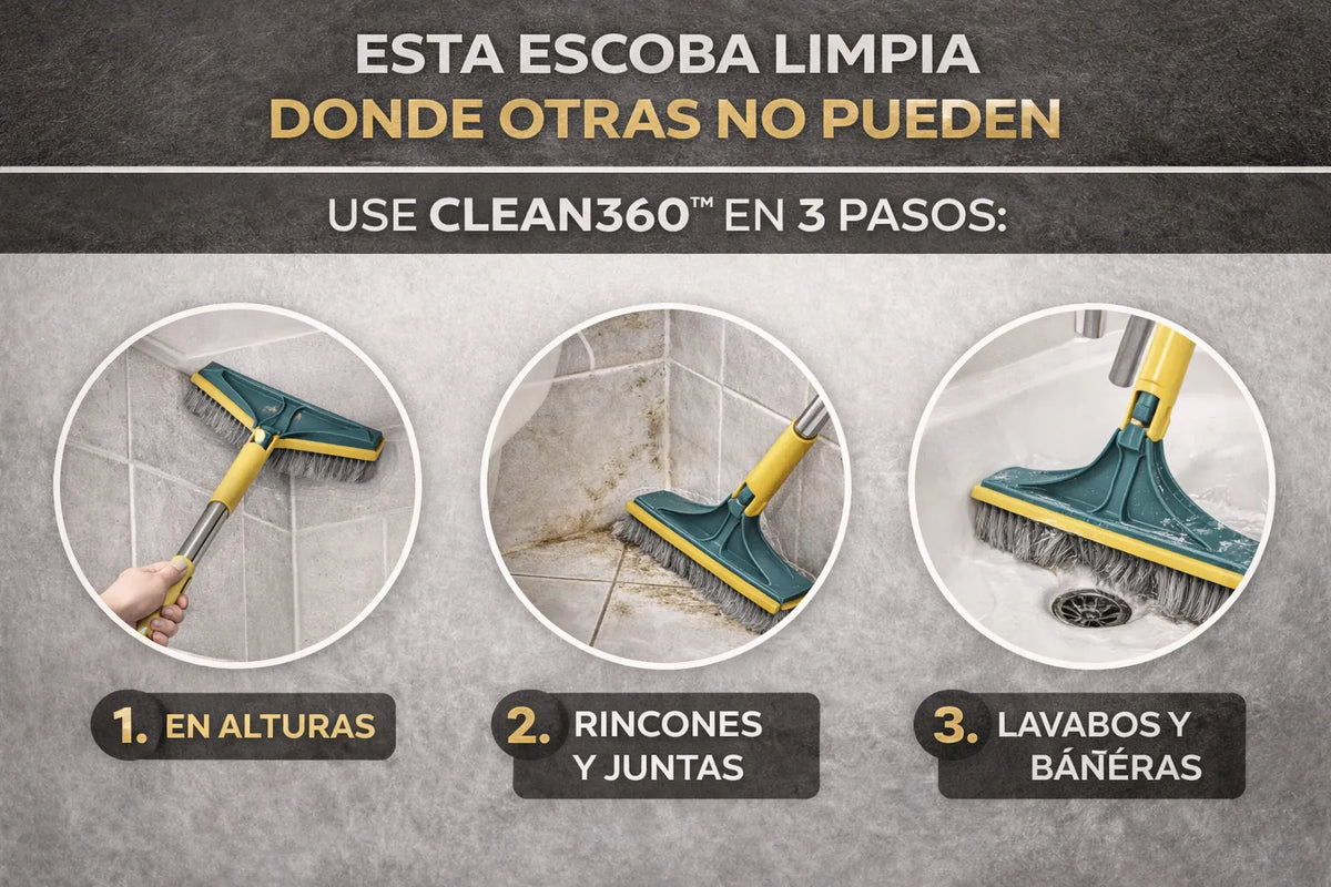 Limpieza profunda en rincones y juntas difíciles — Escoba Clean360™ 3 en 1.